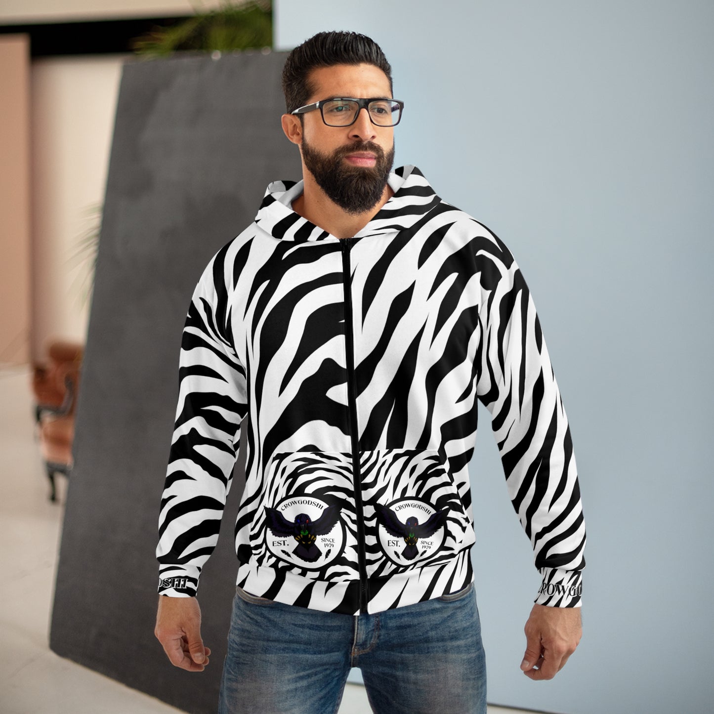 Crowgodshi Designer White Tiger Zipped Hoodie