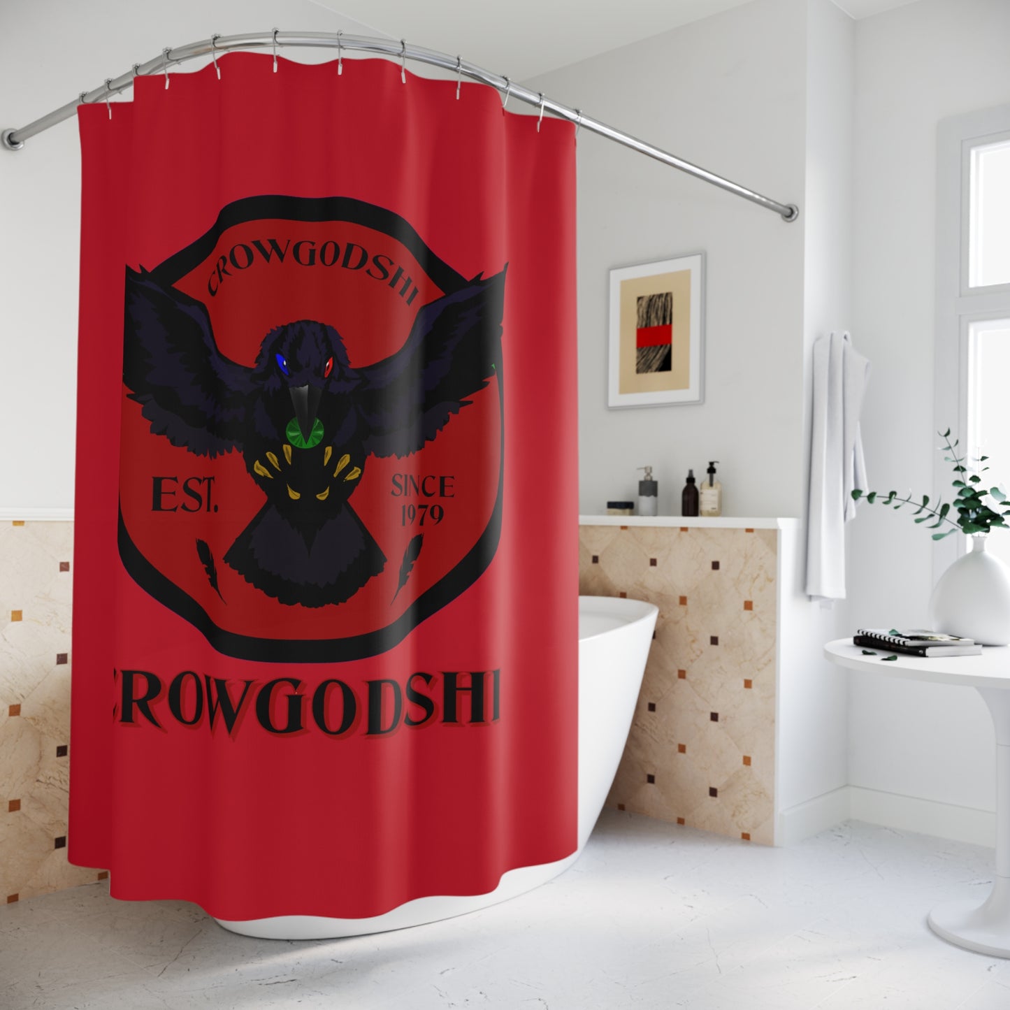 Crowgodshi First Generation Shower Curtain, BURGUNDY LOGO