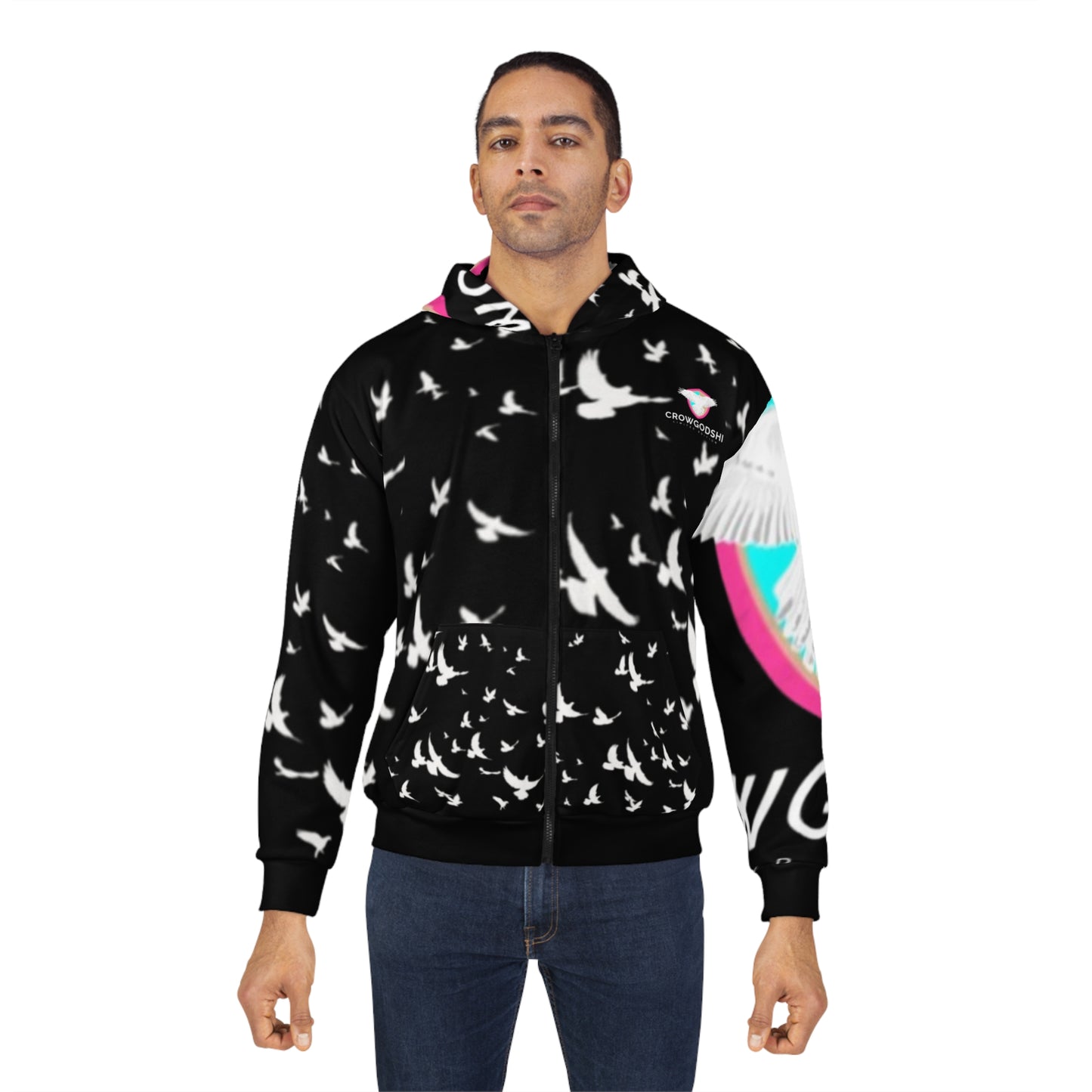 Crowgodshi King  Bird Print Zip Hoodie - Stylish & Comfortable Outerwear for Nature Lovers