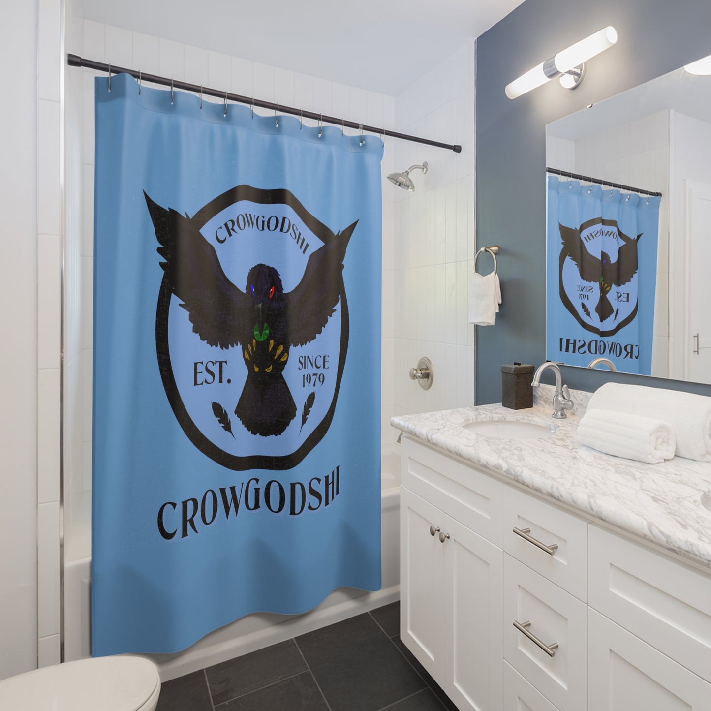 Crowgodshi First Generation Shower Curtain, CAROLINA BLUE LOGO