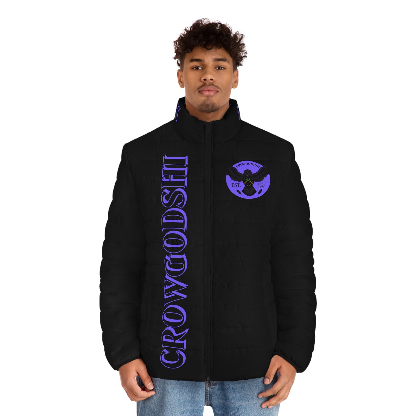 Men's CROWGODSHI 2nd GEN Puffer Jacket, BLACK W/ PURPLE LOGO