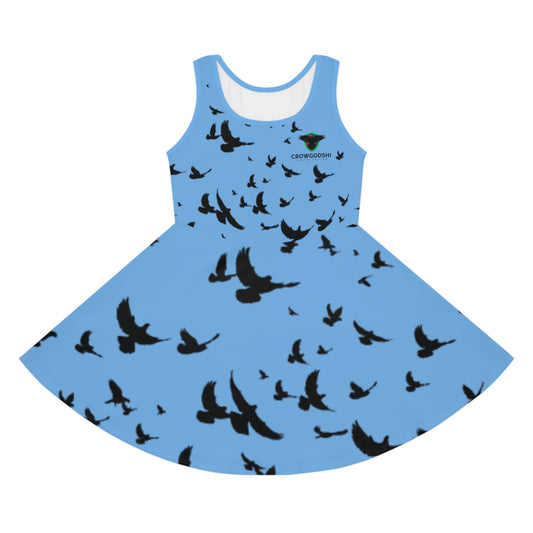 Girls' Sleeveless Sundress - White with Black Birds Pattern