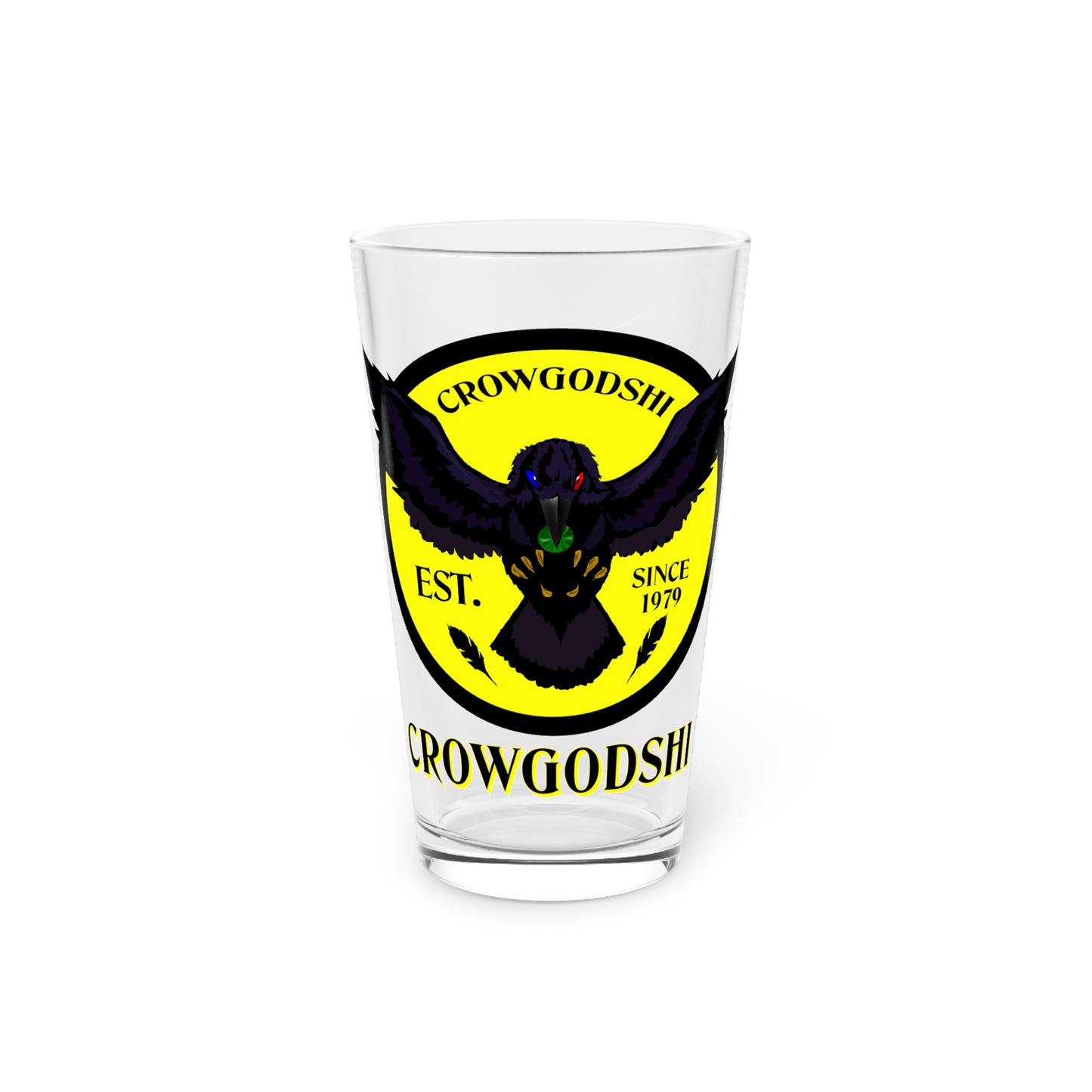 Yellow Logo Crowgodshi Pint Glass, 16oz
