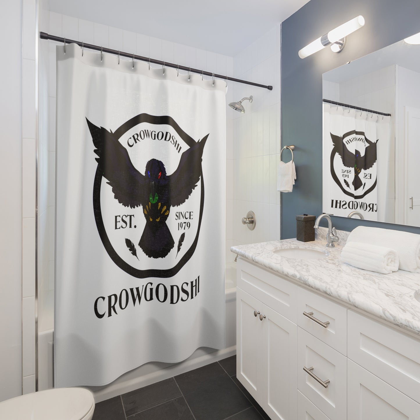 Crowgodshi First Generation Shower Curtain, WHITE LOGO