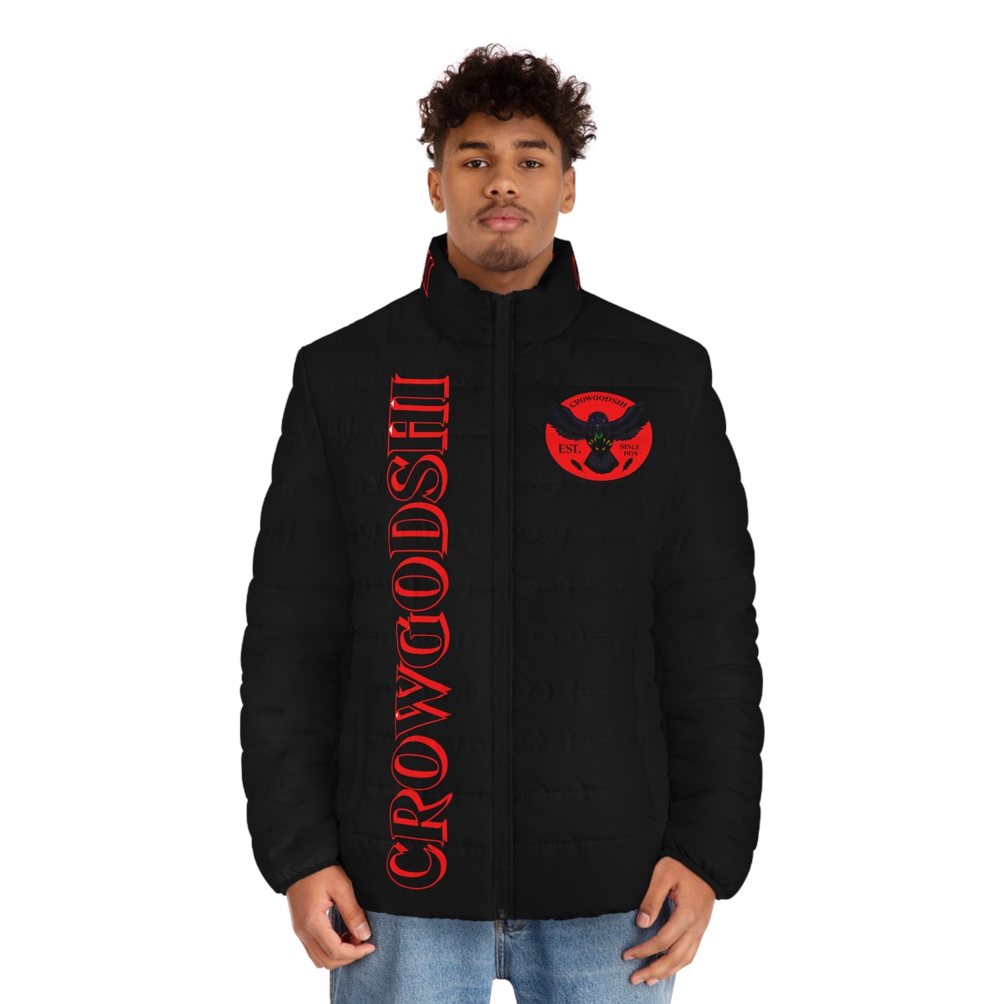CROWGODSHI 2nd GEN Puffer Jacket, BLACK W/ RED LOGO
