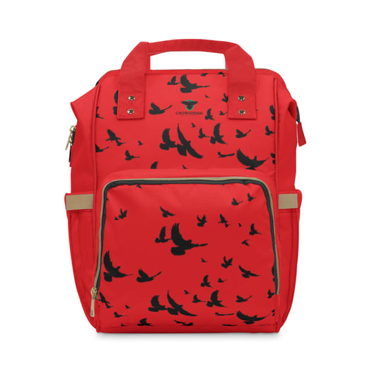 Stylish Red Bird Print Diaper Backpack – Perfect for Moms on the Go!