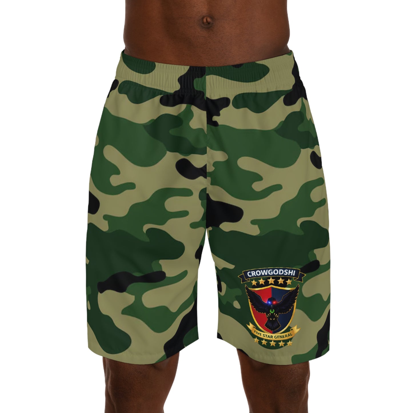 Crowgodshi Camo Tactical Jogger Shorts — Military Patch Graphic