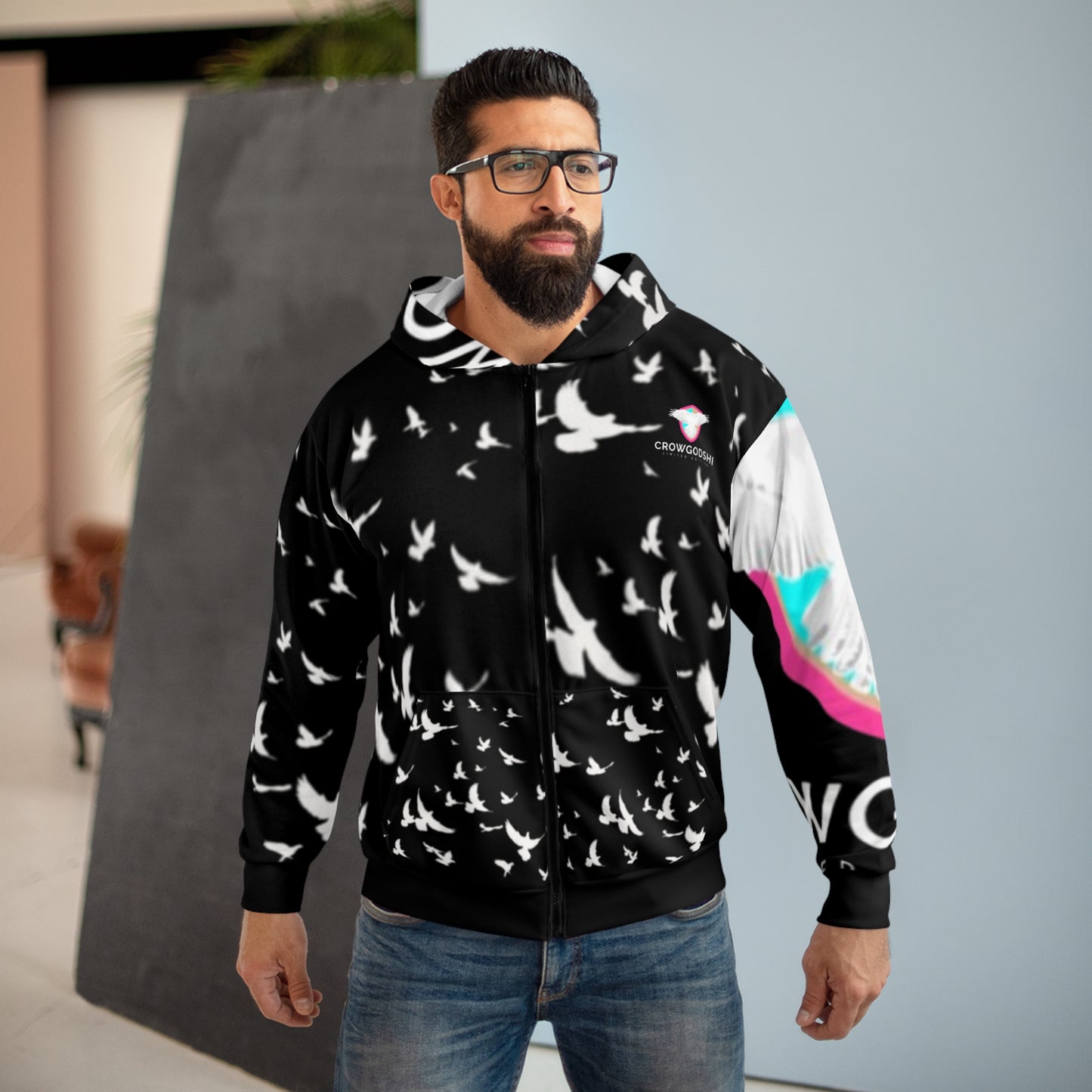 Crowgodshi King  Bird Print Zip Hoodie - Stylish & Comfortable Outerwear for Nature Lovers