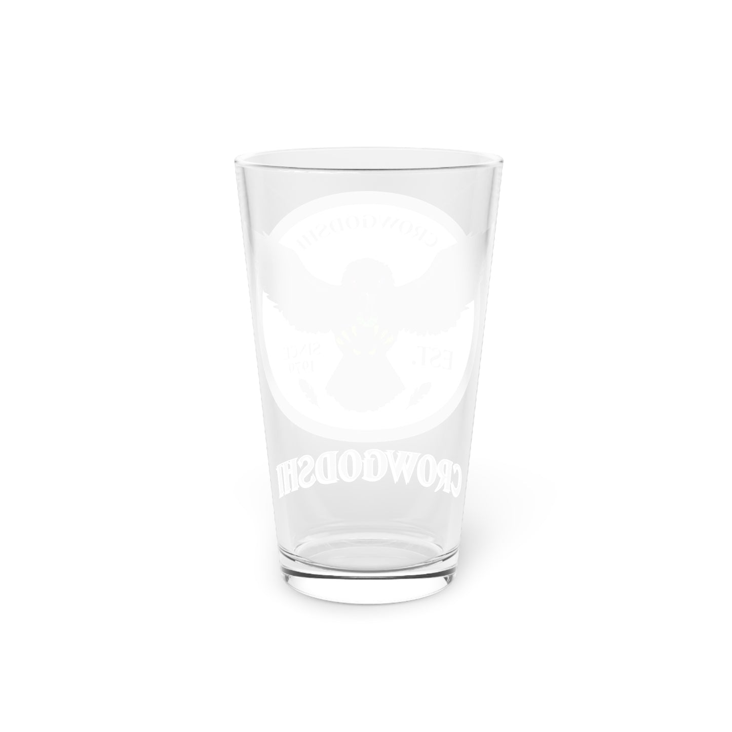 White Logo Crowgodshi Pint Glass, 16oz